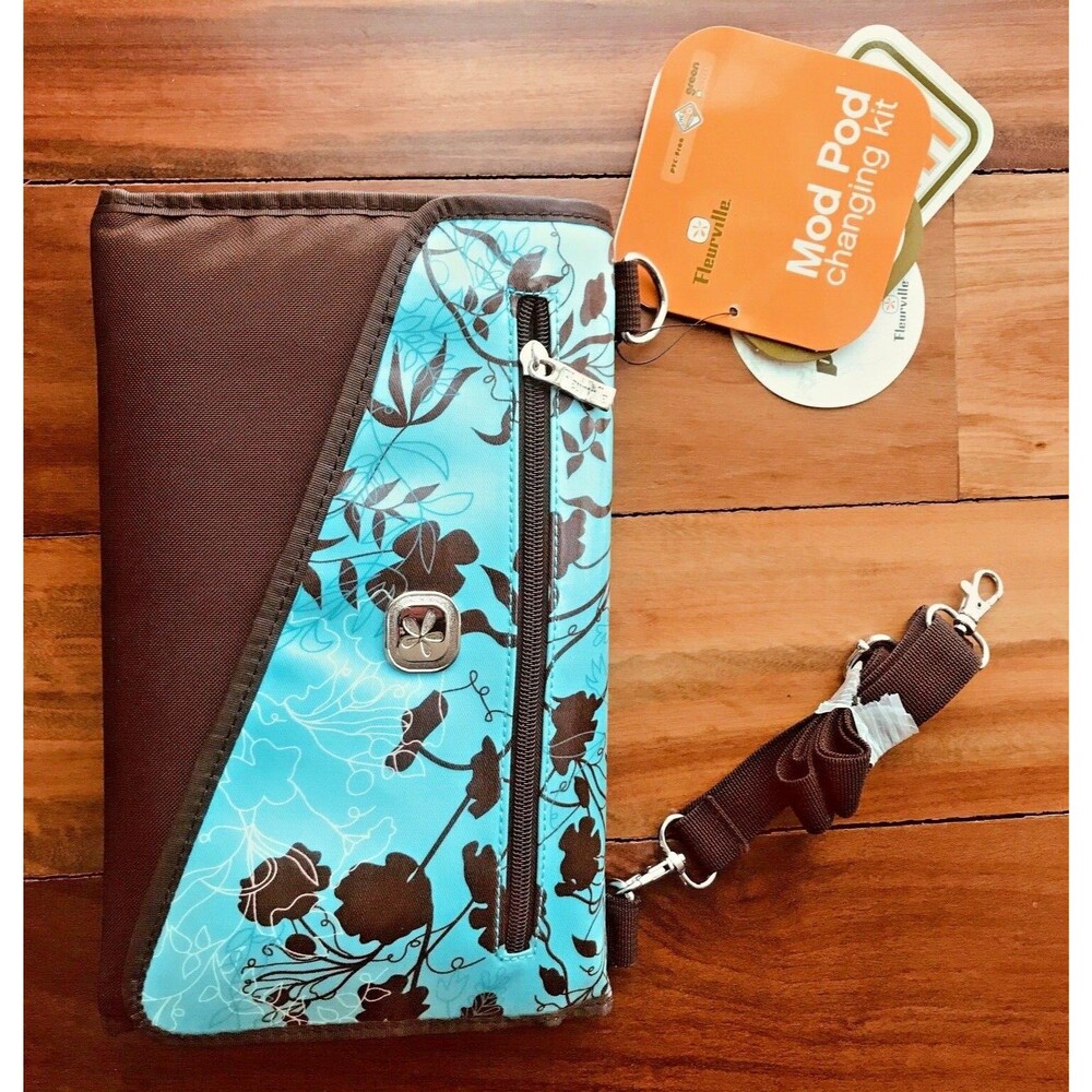 FLEURVILLE Mod Pod Baby Changing Pad Turquoise Brown Abstract Travel Clutch NEW